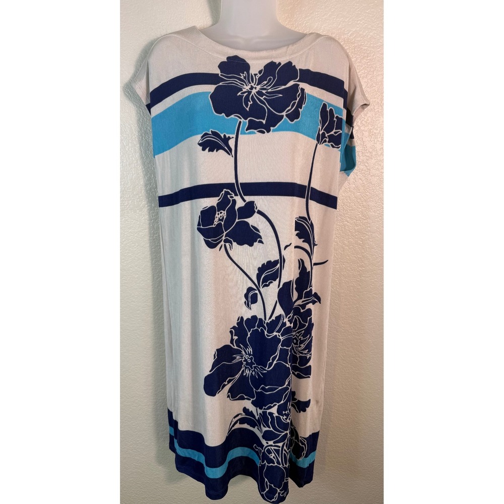 Chicos Travelers 2 US Large Sofi Bloom Column Dress Blue Casa Floral Stripe NEW